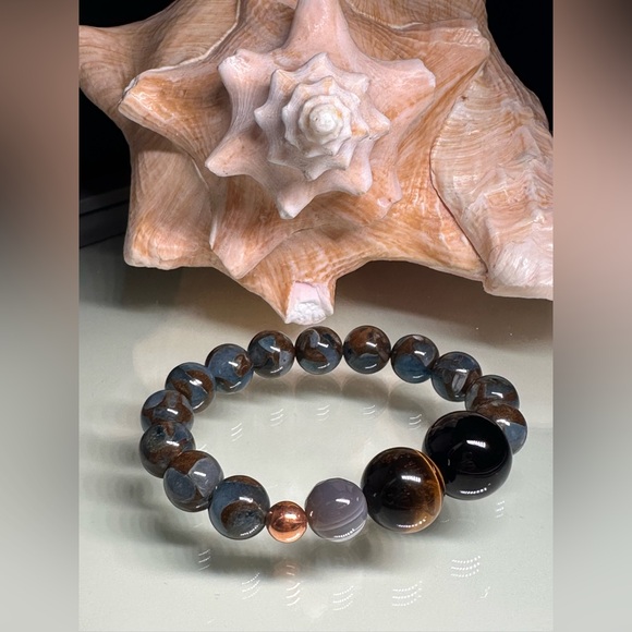 LAKE BLUE CLOISONNÉ JASPER + ONYX + TIGERS NATURAL STONES BRACELET size 7.5” - Picture 3 of 8